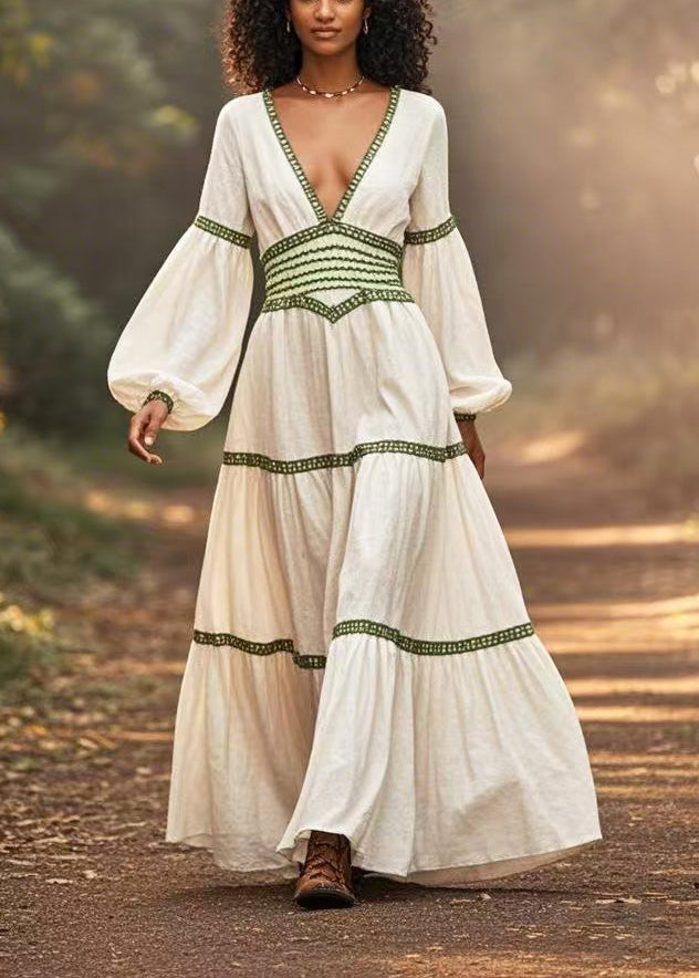 White Cinched Patchwork Cotton Long Dresses Lantern Sleeve