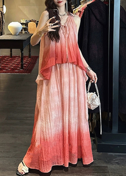 Pink Gradient Color Ruffled Linen Silk Long Dress Sleeveless