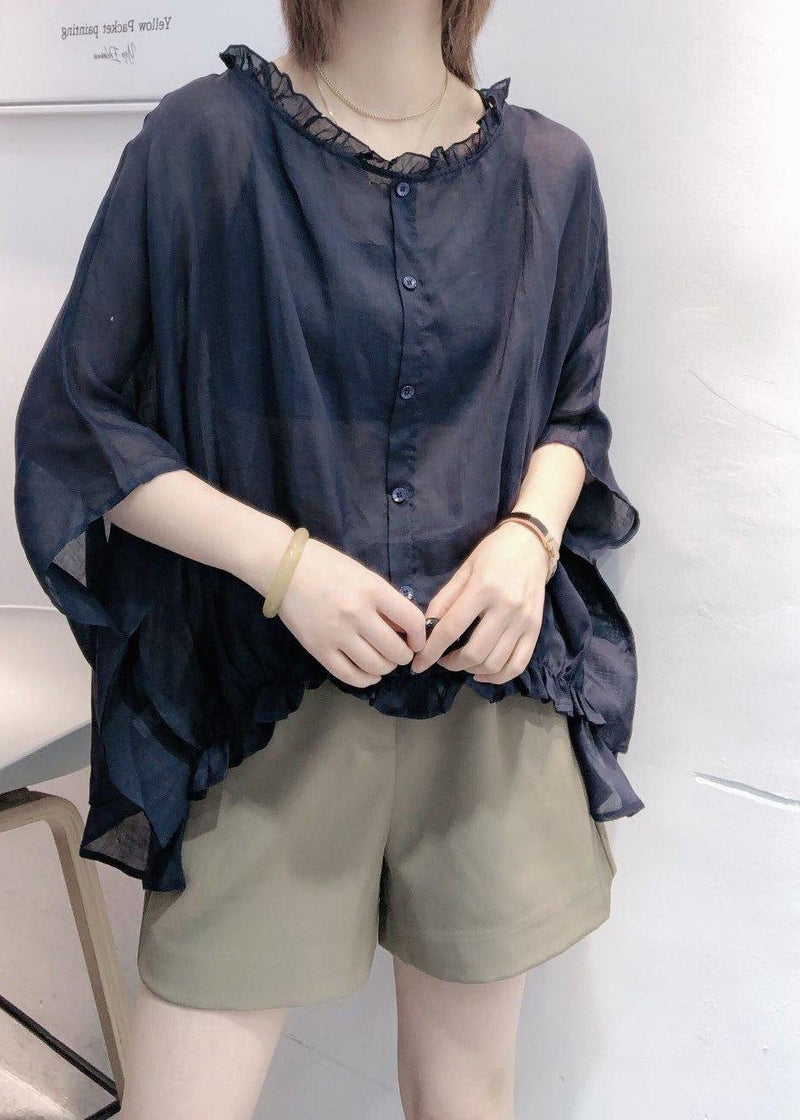 Black Tops Ruffles Trim Half Sleeve Shirts Blouse