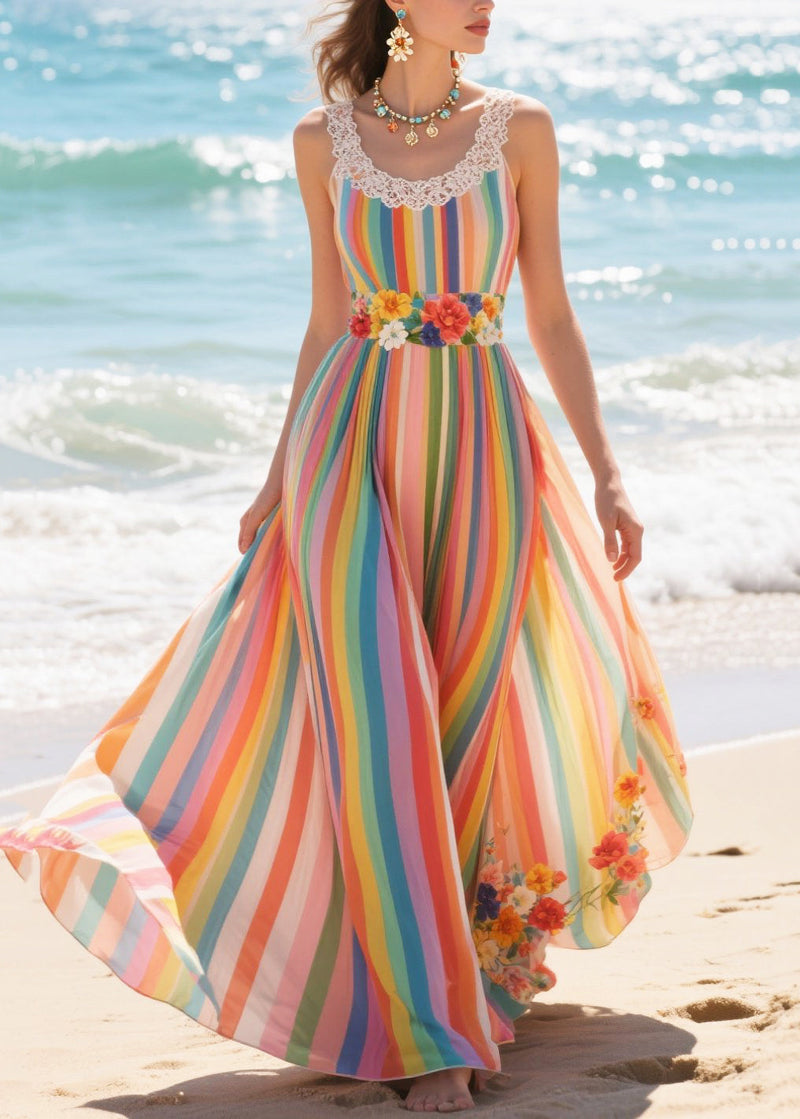 Rainbow Striped Exra Large Hem Chiffon Beach Dresses Summer