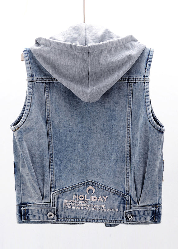 Light Blue Patchwork Pockets Hooded Denim Waistcoat Sleeveless