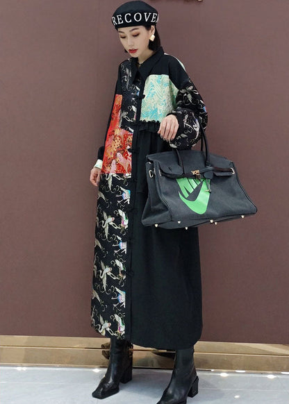 French Black Asymmetrical Print Shirts Long Dress Spring