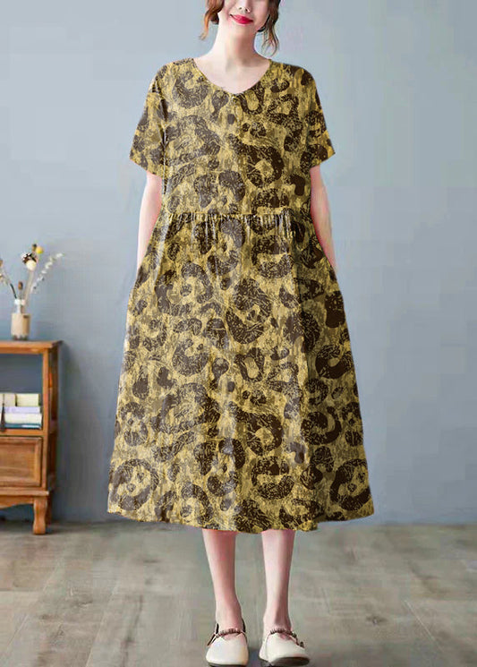 Yellow Leopard Print Bamboo Pockets Print O Neck Dress