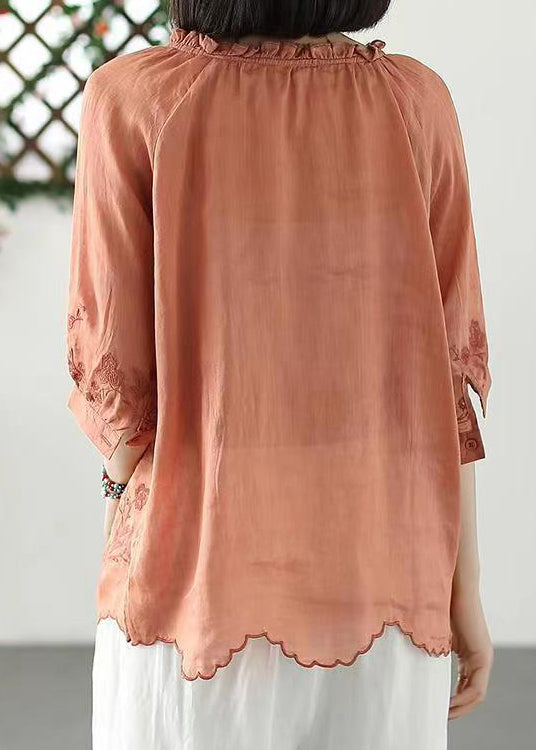 Orange Ruffled Embroideried Linen T Shirt Summer