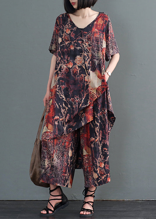 Coffee Print Low High Design Silk Holiday Dress and Pant Two Pieces Set Fall