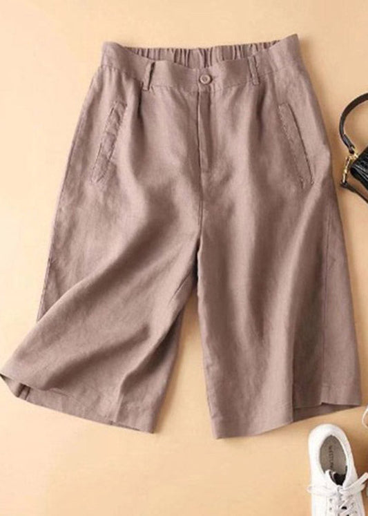 Brown Pockets Elastic Waist Button Linen Straight Pants Summer