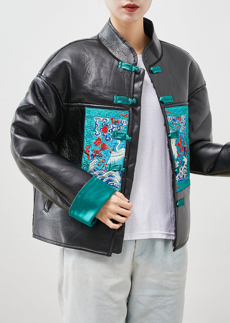 Black Print Patchwork Warm Fleece Faux Leather Jackets Winter