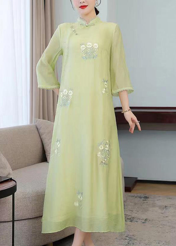 Light Green Stand Collar Embroideried Silk Long Dresses Half Sleeve