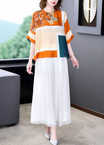 Stylish Yellow O-neck Print Silk Top and Wide Leg Pants Two Pieces Set Summer