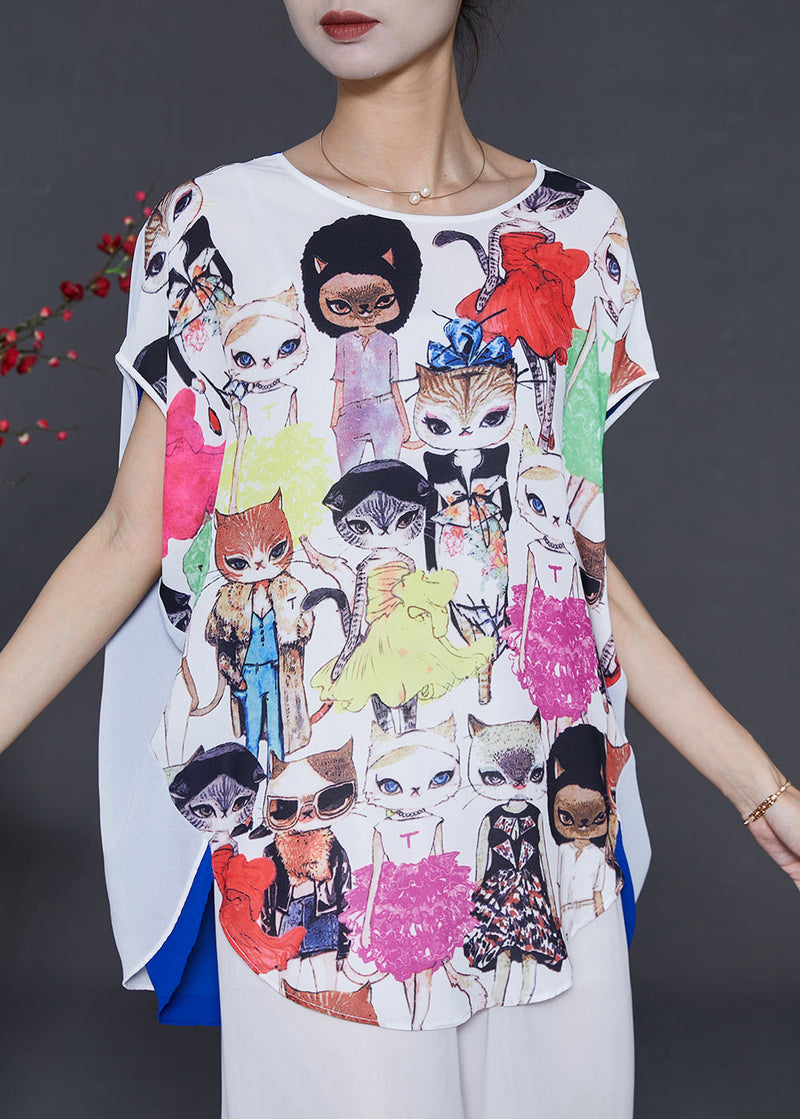 White Print Chiffon Fake Two Piece Tops Summer