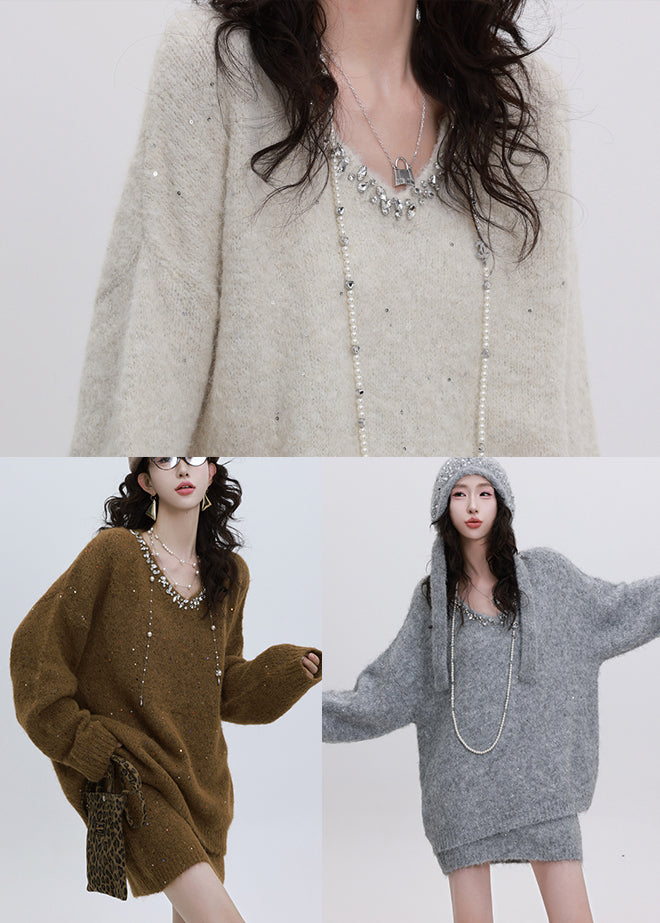 Modern Brown Sequins Rhinestone Knit Two Piece Set Outfits Winter