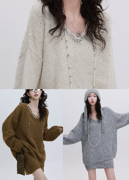 Modern Brown Sequins Rhinestone Knit Two Piece Set Outfits Winter