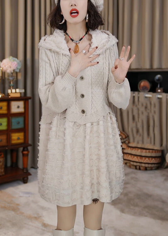 Beige Hooded Patchwork Knit Mid Dress Winter