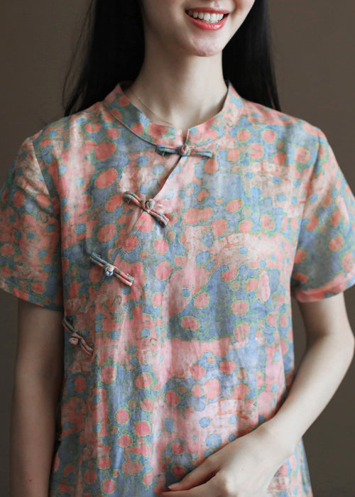 Pink Stand Collar Print Linen Cheongsam Dress Short Sleeve