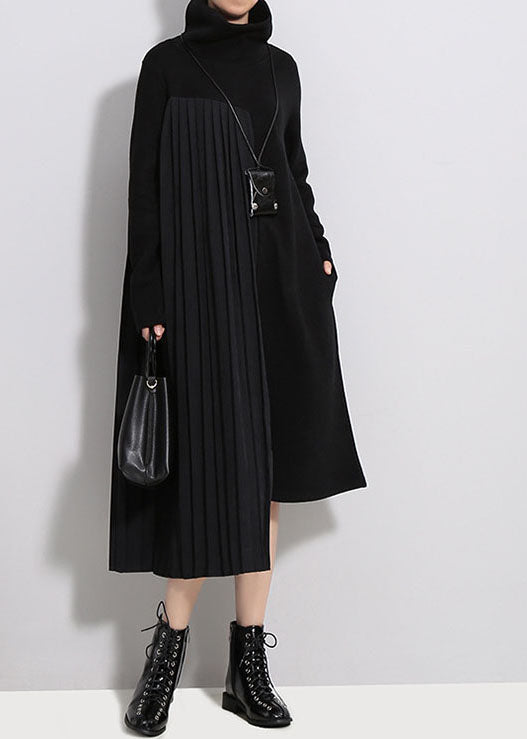 Black Wrinkled Turtle Neck Knit Dresses Spring