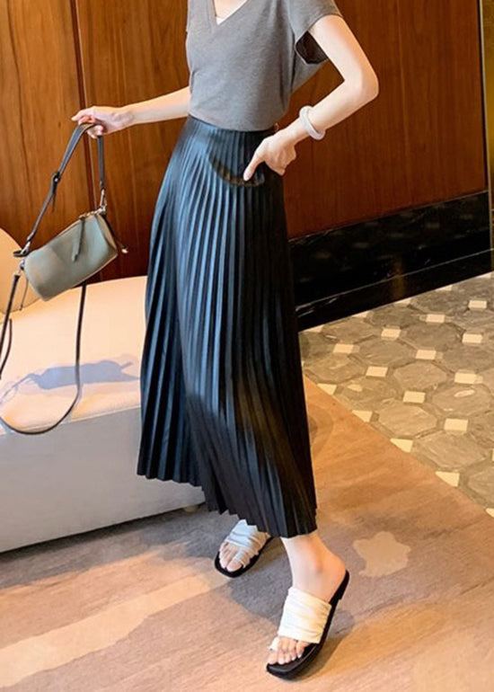 Black High Waist Faux Leather Pleated Skirts Spring