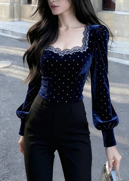 Blue Square Collar Lace Patchwork Silk Velour Tops Spring