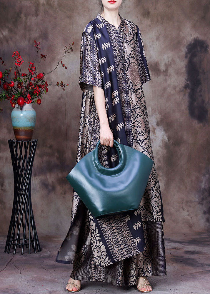 Black Asymmetrical Print Side Open Silk Long Top and Wide Leg Pant Two Piece Set Summer