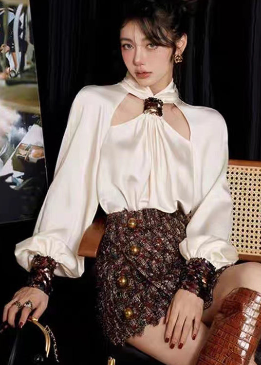Loose White Sequins Shirts and Skirts Silk Cotton Two Pieces Set Long Sleeve