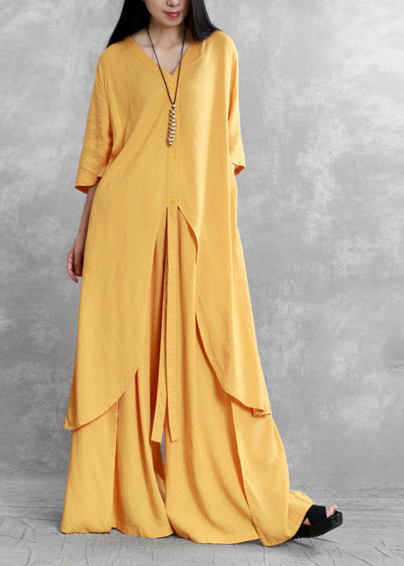 Brief Yellow V Neck Top and Wide Leg Pants Two Pieces Set Summer