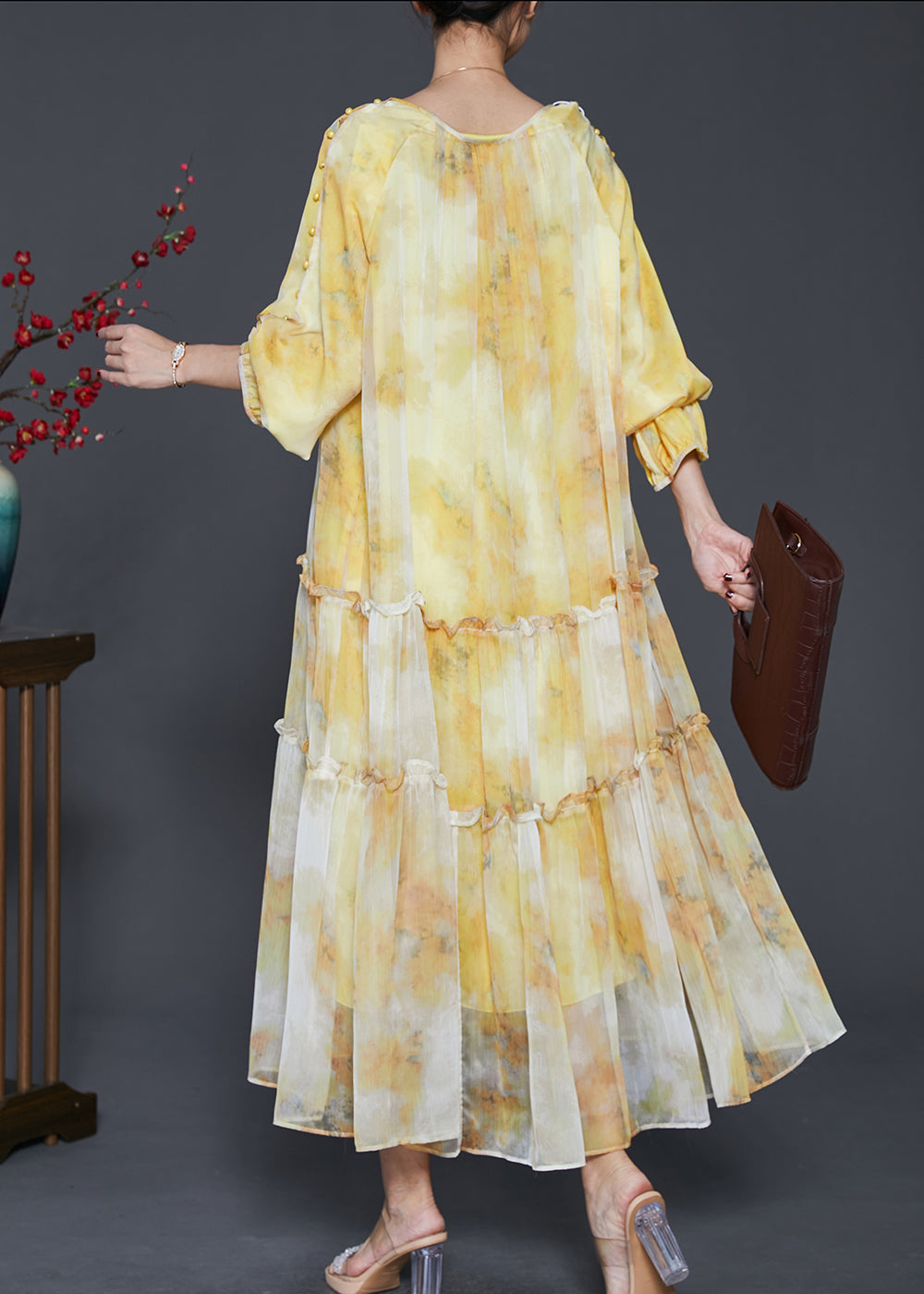 Yellow Ruffled Tie Dye Chiffon Maxi Dress Spring