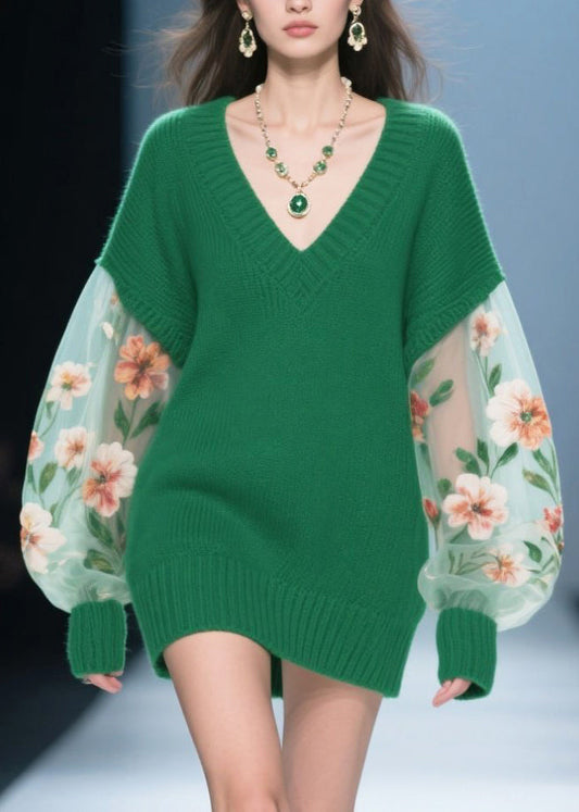 Green Flower Print Patchwork Tulle Knitted Dress Winter