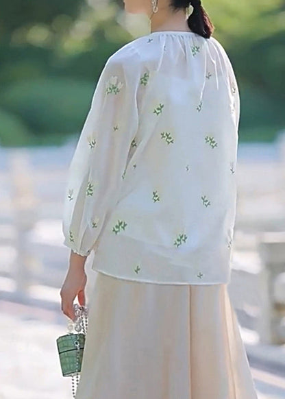 White Embroidered Lace Up Cotton Shirt Set Spring
