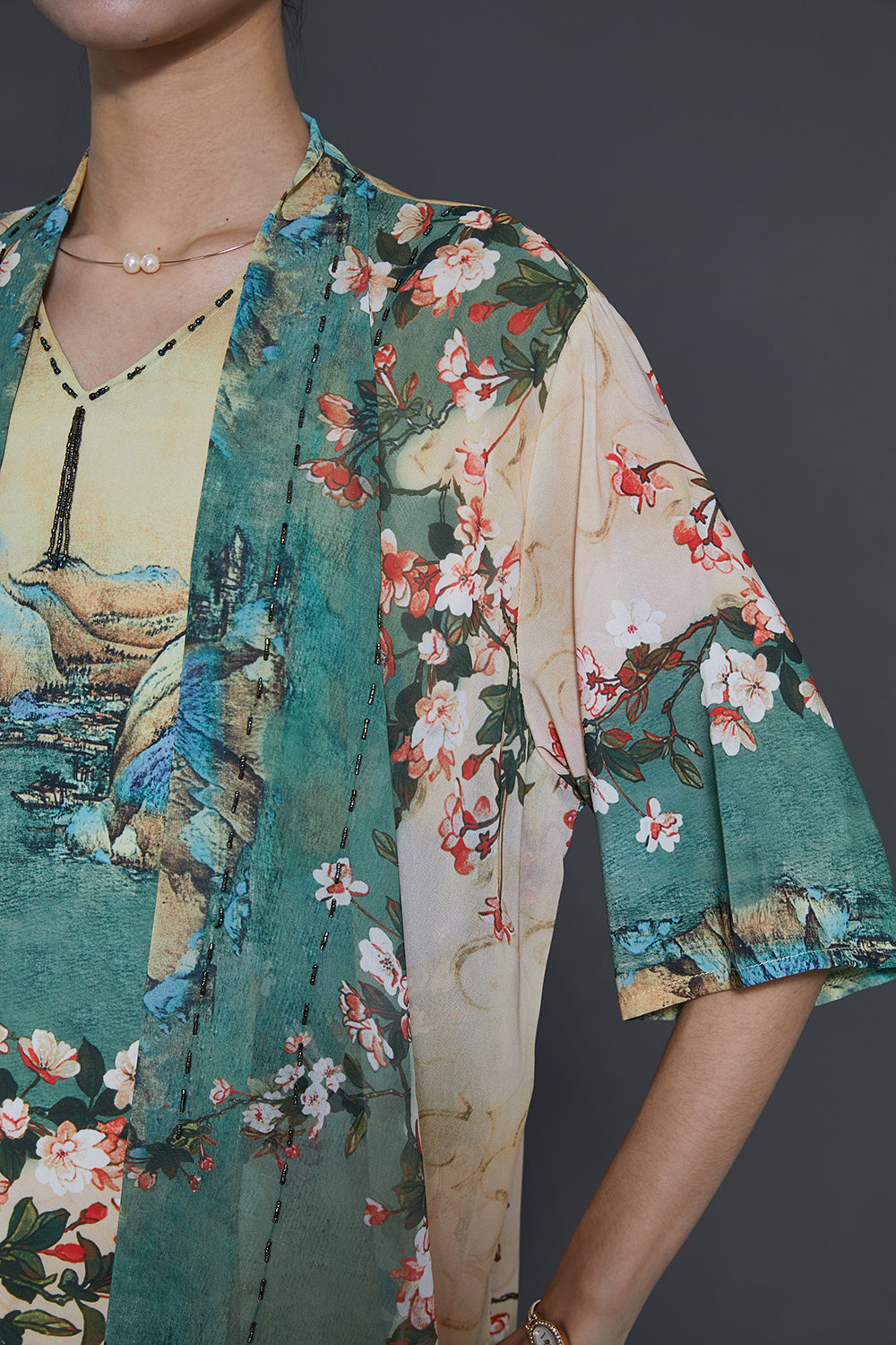 Apricot Print Chiffon Fake Two Piece Dress Summer