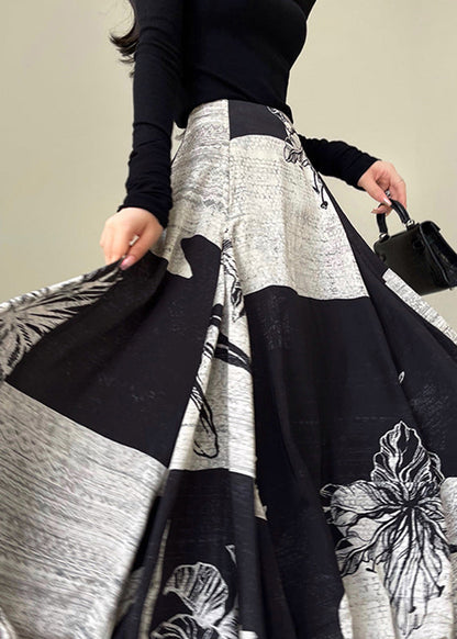Italian Black Print High Waist Cotton Maxi Skirt Fall