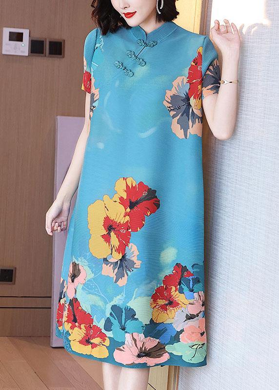 Unique Blue Print Mandarin Collar Maxi Dresses Summer