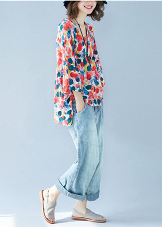 Flare Sleeve V Neck Patchwork Print Fall Blouse Tops