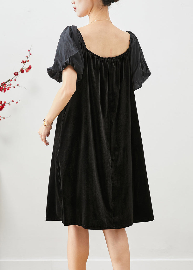 Black Square Collar Patchwork Silk Velour Maxi Dresses Summer