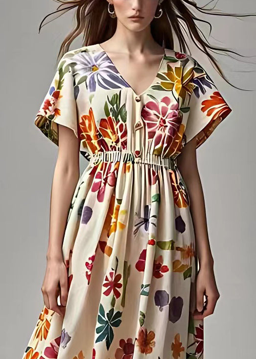 Apricot V Neck Print Cotton Maxi Dresses Summer