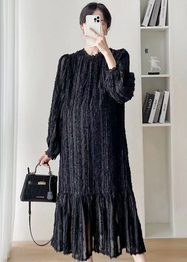 Black Stand Collar Wrinkledpatchwork Lace Dress Fall