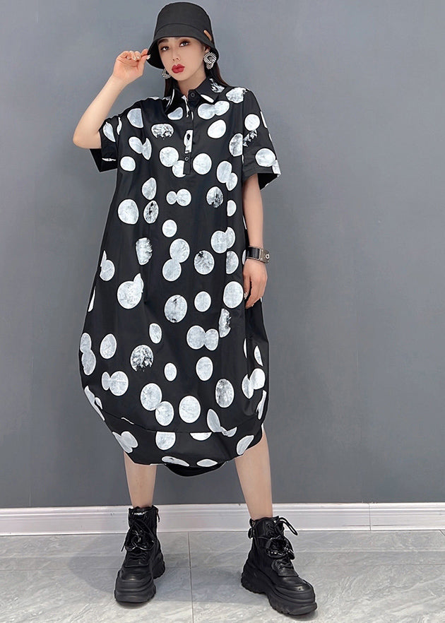 Black Peter Pan Collar Dot Print Vogue Shirt Dress Short Sleeve