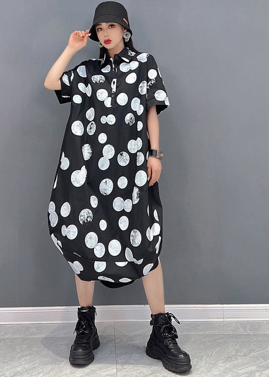 Black Peter Pan Collar Dot Print Vogue Shirt Dress Short Sleeve