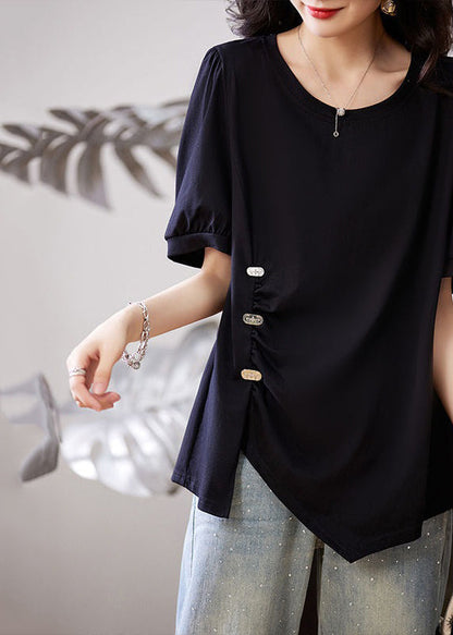 Black Asymmetrical Wrinkled Patchwork Cotton T Shirt Summer