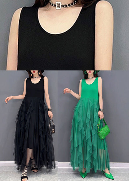 Simple Black O-neck Tulle Patchwork Cotton Dresses Sleeveless