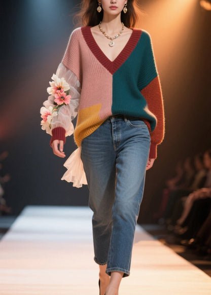 Colorblock V Neck Knit Short Sweater Fall