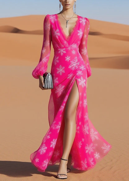 Rose Snowflake Print Side Open Chiffon Long Dresses Spring