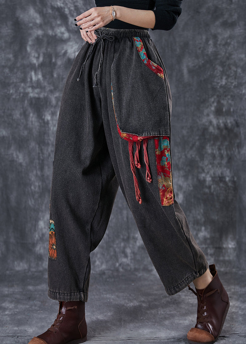 Black Oversized Patchwork Applique Denim Pants Summer