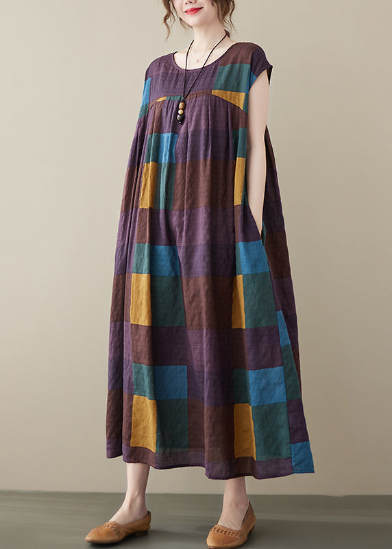 Purple Plaid Patchwork Linen Ankle Dress Wrinkled Short Sleeve