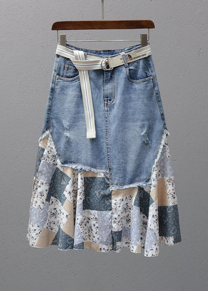 Denim Blue Print Patchwork High Waist Maxi Skirt Summer