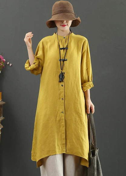 Art Yellow Blouses for Stand Collar Asymmetric Spring Top