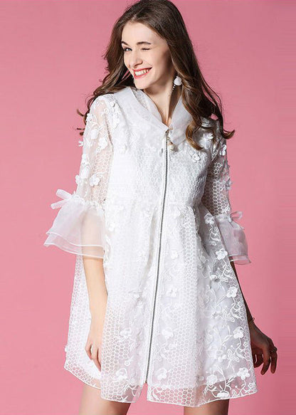 White Hooded Embroidered Tulle Mini Dresses Flare Sleeve