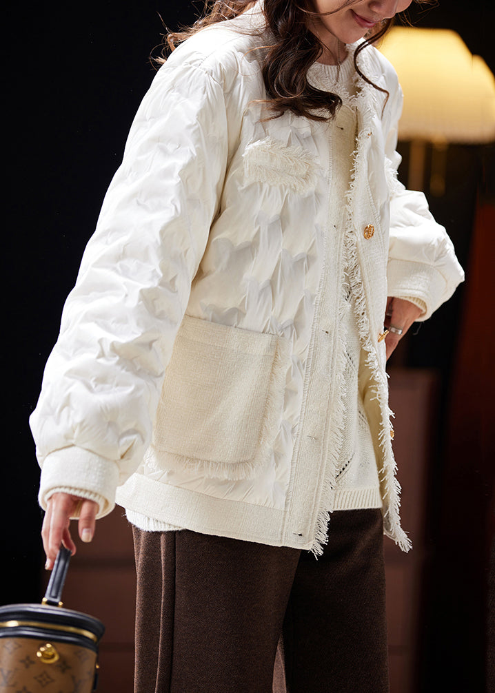 Beige Button Pockets Patchwork Duck Down Coat Long Sleeve