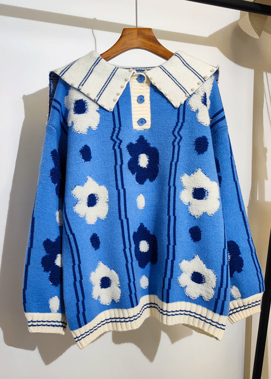 Blue Sailor Collar Jacquard Nail Bead Knitted Sweater Tops Winter