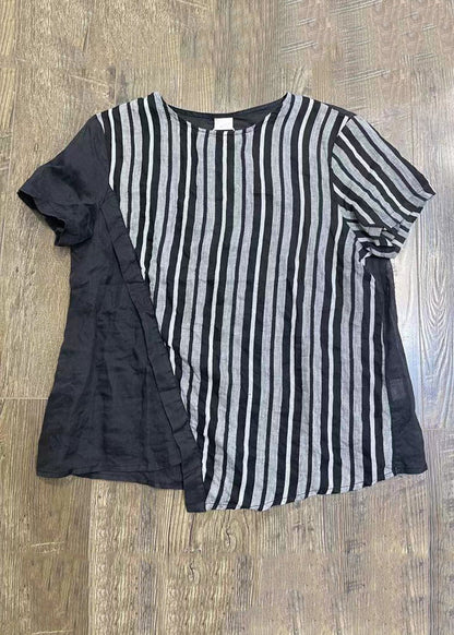 Loose Striped O-neck Patchwork Cotton T Shirts Summer