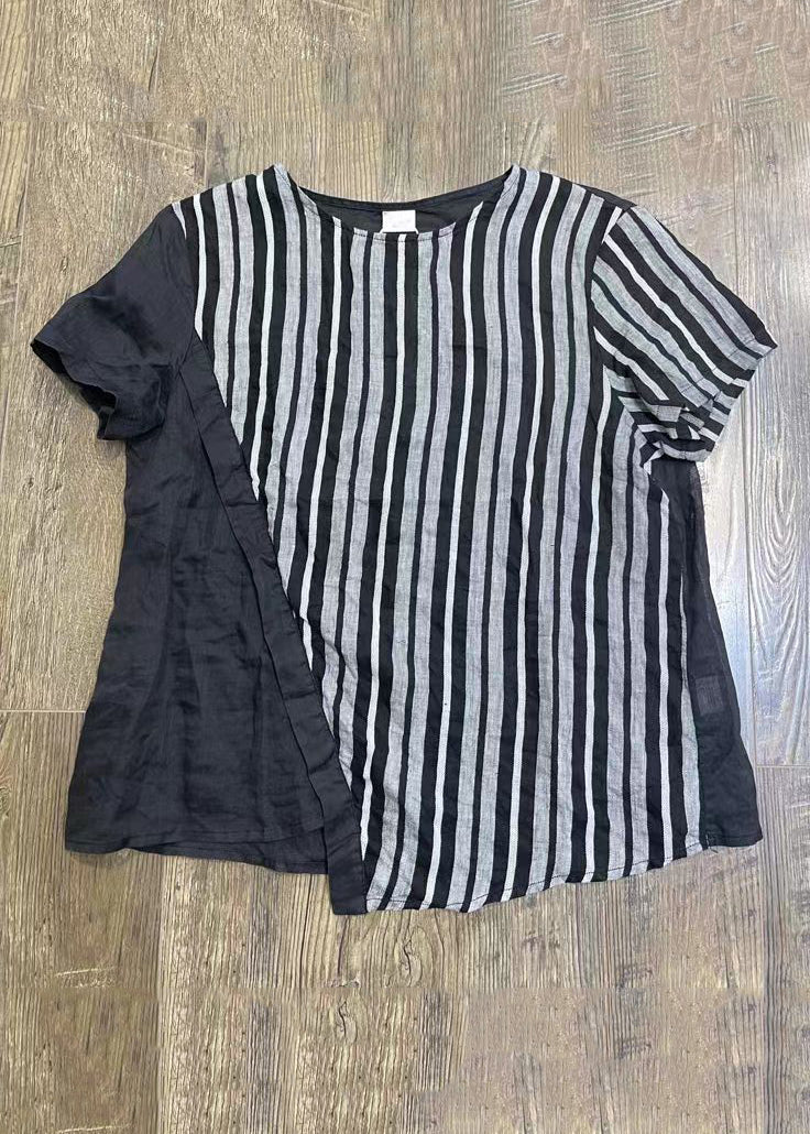 Loose Striped O-neck Patchwork Cotton T Shirts Summer