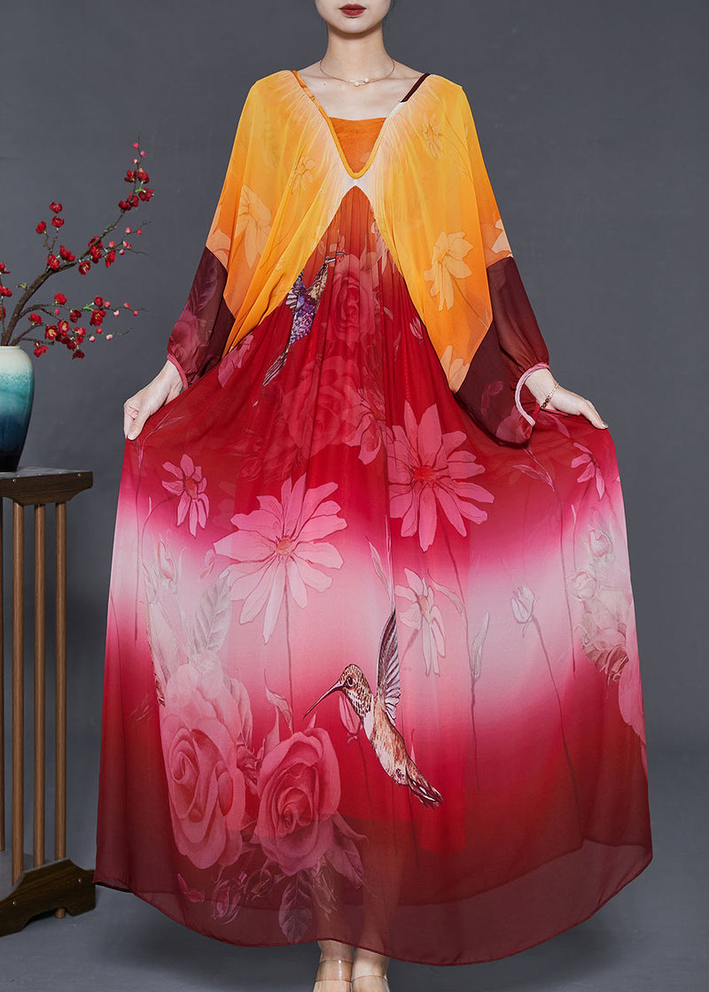 Orange Oversized Print Chiffon Holiday Dress Summer